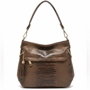 Brown and black soft and shiny reptile-textured shoulder bag